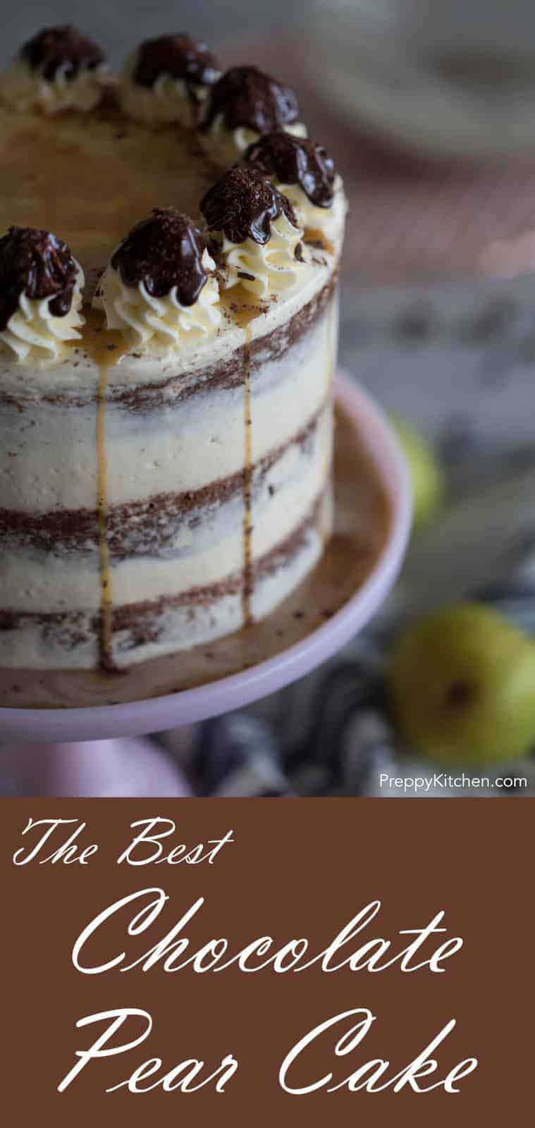 Rich chocolate cake enriched with poached pears smothered in a mascarpone buttercream with a healthy drizzle of chocolate ganache.