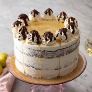 A chocolate pear cake on a cake stand with a pear and plates beside it.