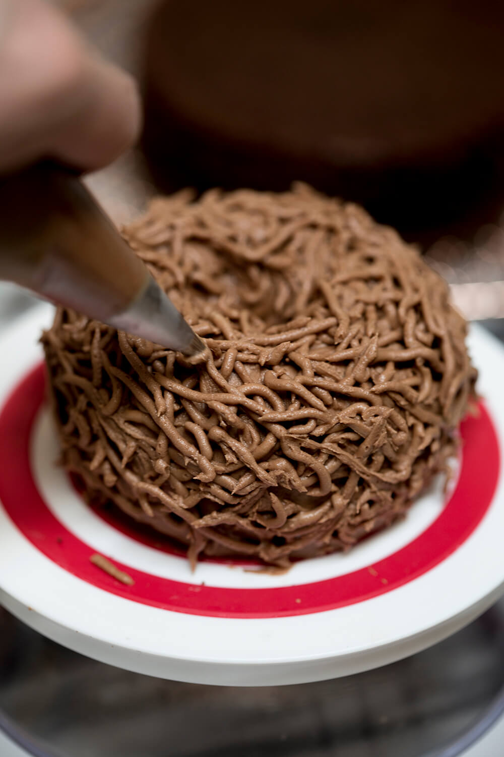 A photo of a bird's nest cake with the chocolate twigs being piped on.