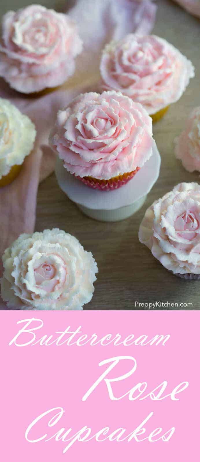 Beautiful buttercream roses top a moist vanilla cupcake.