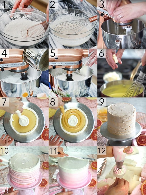 A photo grid showing the steps to make a champagne cake