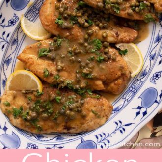 Pinterest graphic of an oval platter with four servings of chicken piccata.