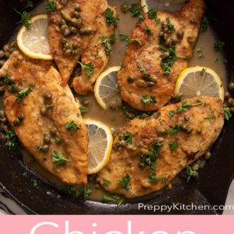 Pinterest graphic of a cast iron with four servings of chicken piccata.