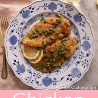 Pinterest graphic of a plate with two servings of chicken piccata.