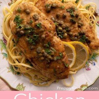 Pinterest graphic of chicken piccata over a bed of noodles.