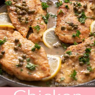 Pinterest graphic of a pan with four servings of chicken piccata.