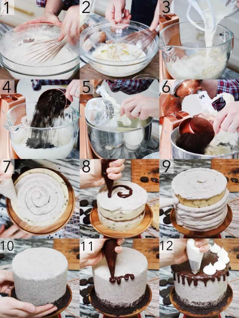 A photo collage showing steps to make a Cookies and Cream Cake