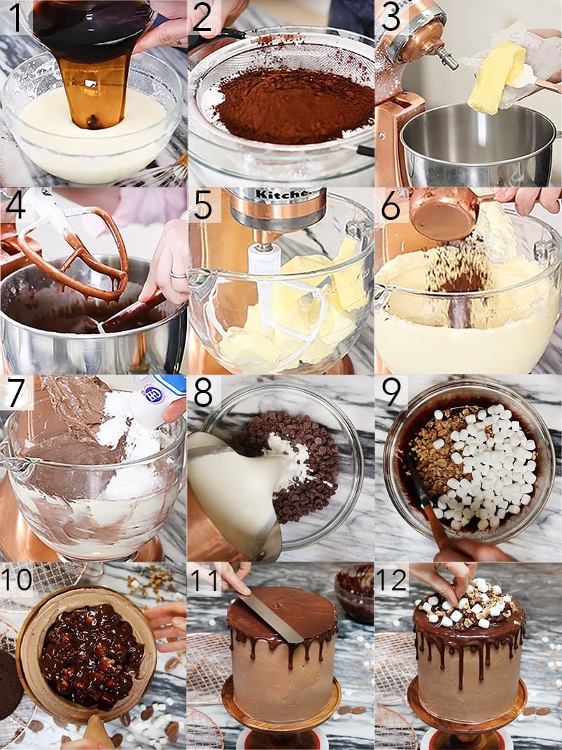 A photo showing steps on how to make a rocky road cake.