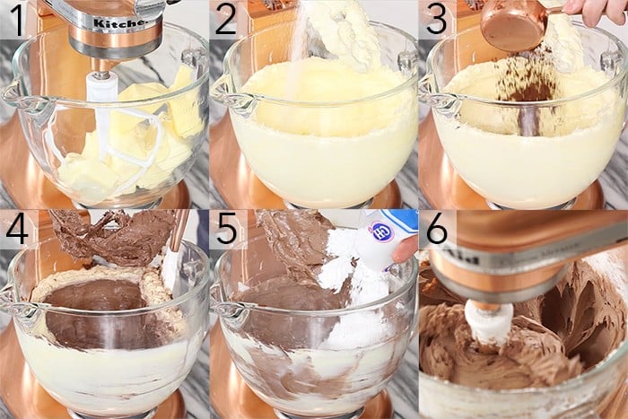 A photo collage showing the steps to make mocha buttercream