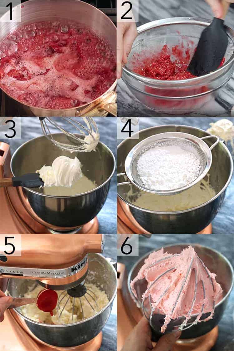 A photo collage showing the steps to make raspberry buttercream