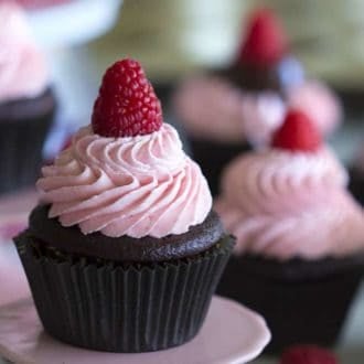 Chocolate cupcake topped with raspberry buttercream