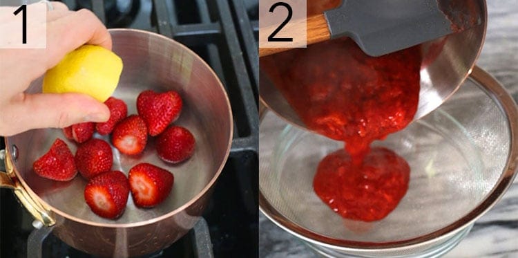 A photo collage showing the steps to make strawberry reduction