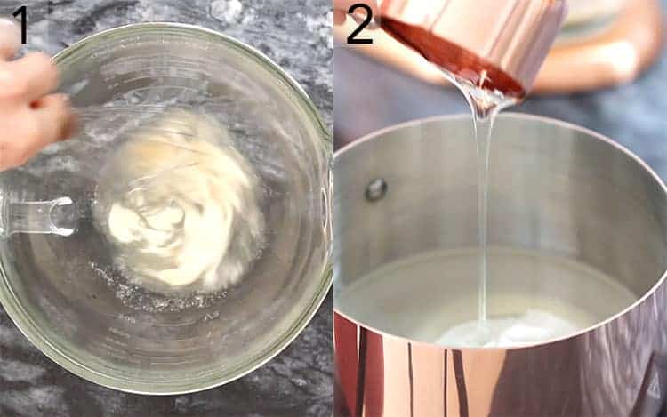 two photos showing gelatin getting whisked and corn syrup being poured