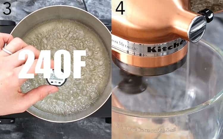 Two photos showing sugar boiling at 240F and then getting poured into a mixer