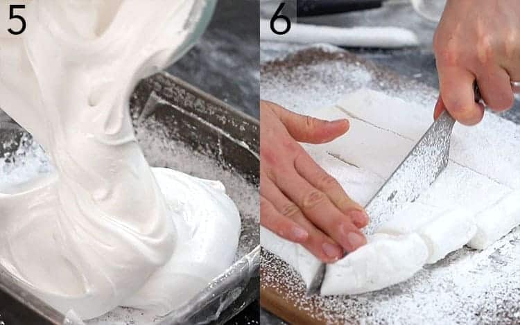 Molten marshmallows being poured into a dish and cut.