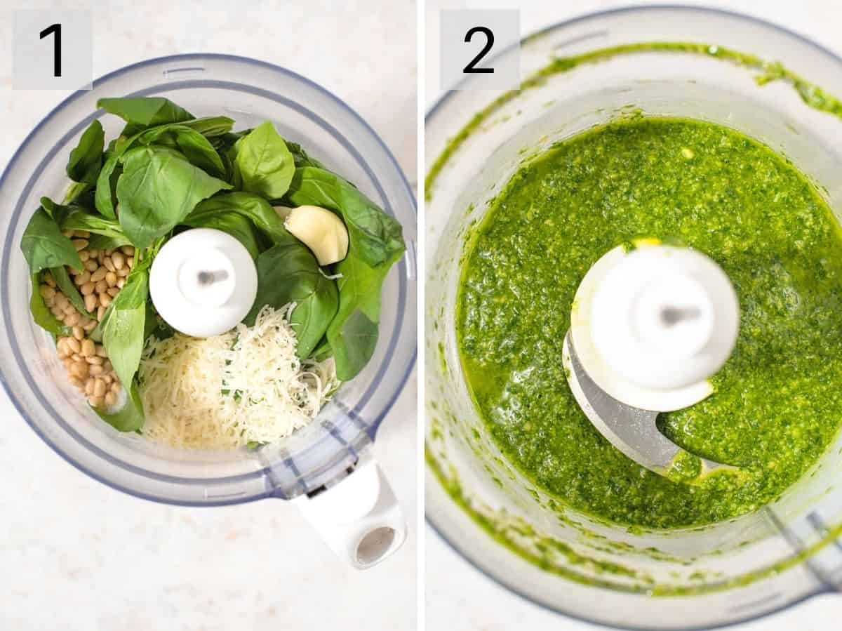 Two photos showing how to make basil pesto