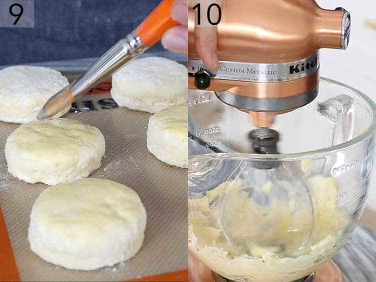 Buttermilk biscuits getting brushed with an egg wash