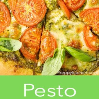 A pinterest graphic of a pesto pizza with fresh tomatoes