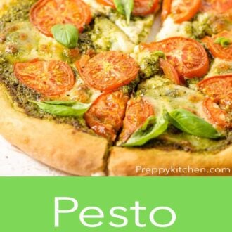 A pinterest graphic of a pesto pizza with fresh tomatoes