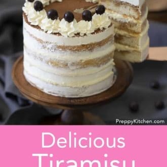 tiramisu layer cake on a stand