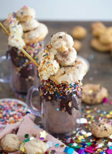 photo of a chocolate Freakshaketopped with eclairs and cream puffs
