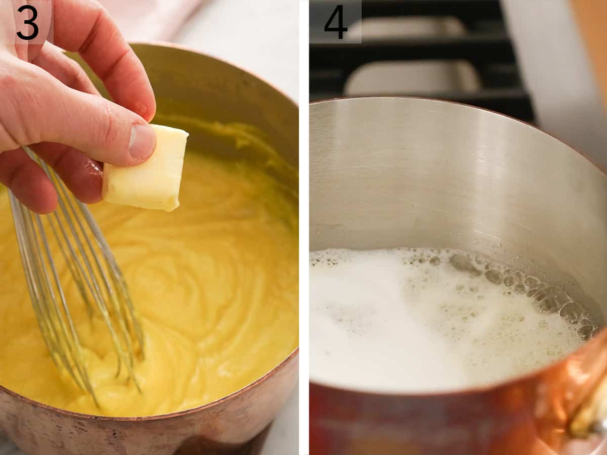 Set of two photos showing butter added to the custard filling and the beginning of a choux pastry dough simmered.