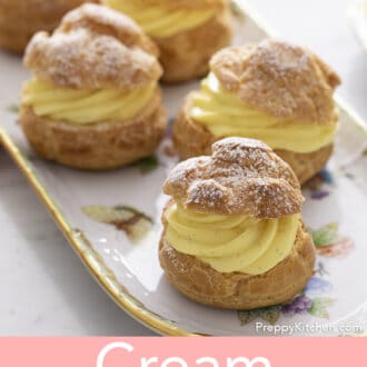Pinterest graphic of an oval platter with five cream puffs.