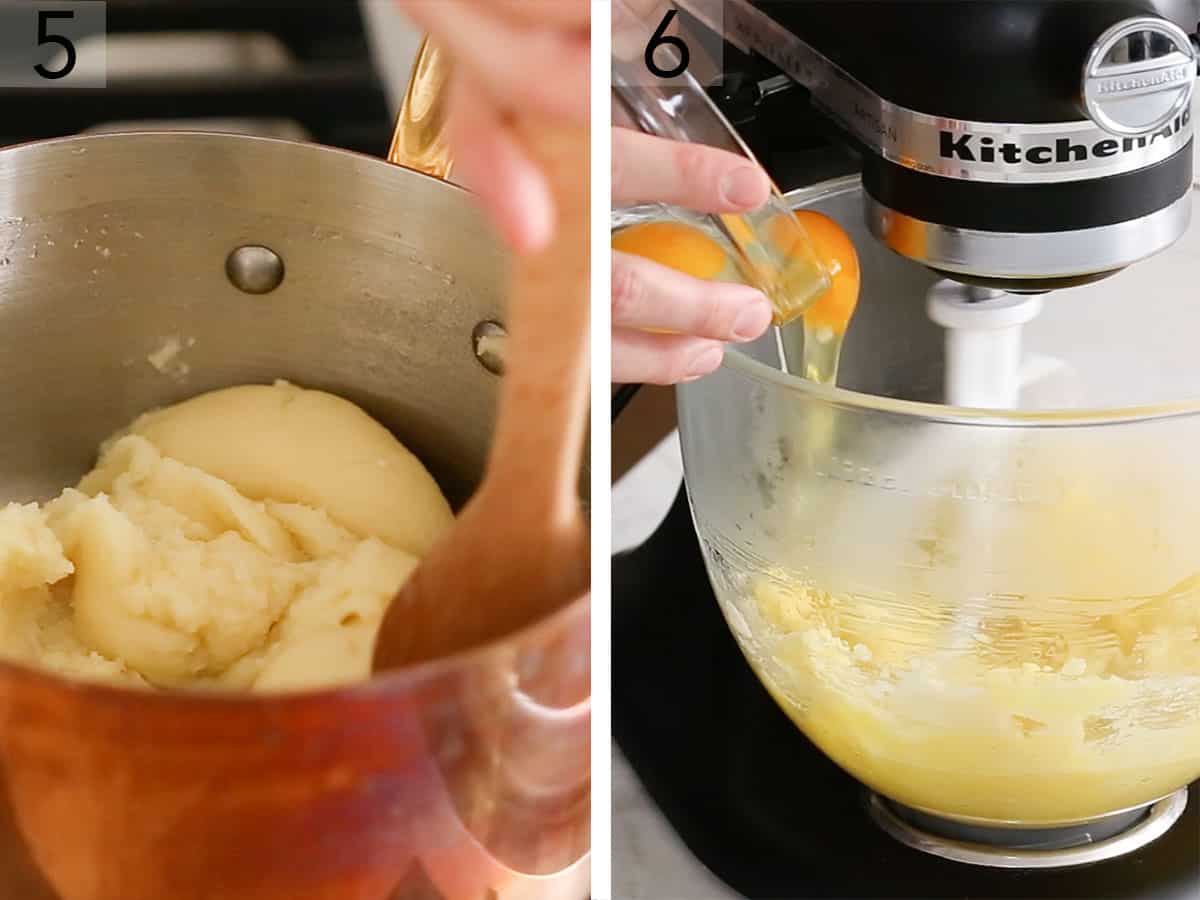 Set of two photos showing choux pastry stirred in a pot and eggs added.