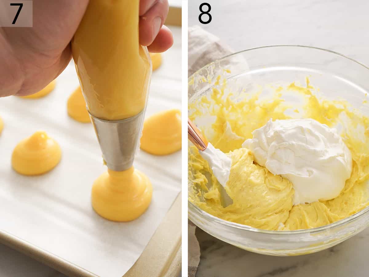 Set of two photos of pastry choux getting piped and cream filling mixed.