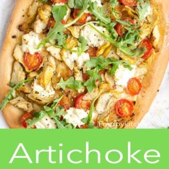 A pinterest graphic showing an overview of artichoke pizza