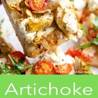 A pinterest graphic showing a slice of artichoke pizza