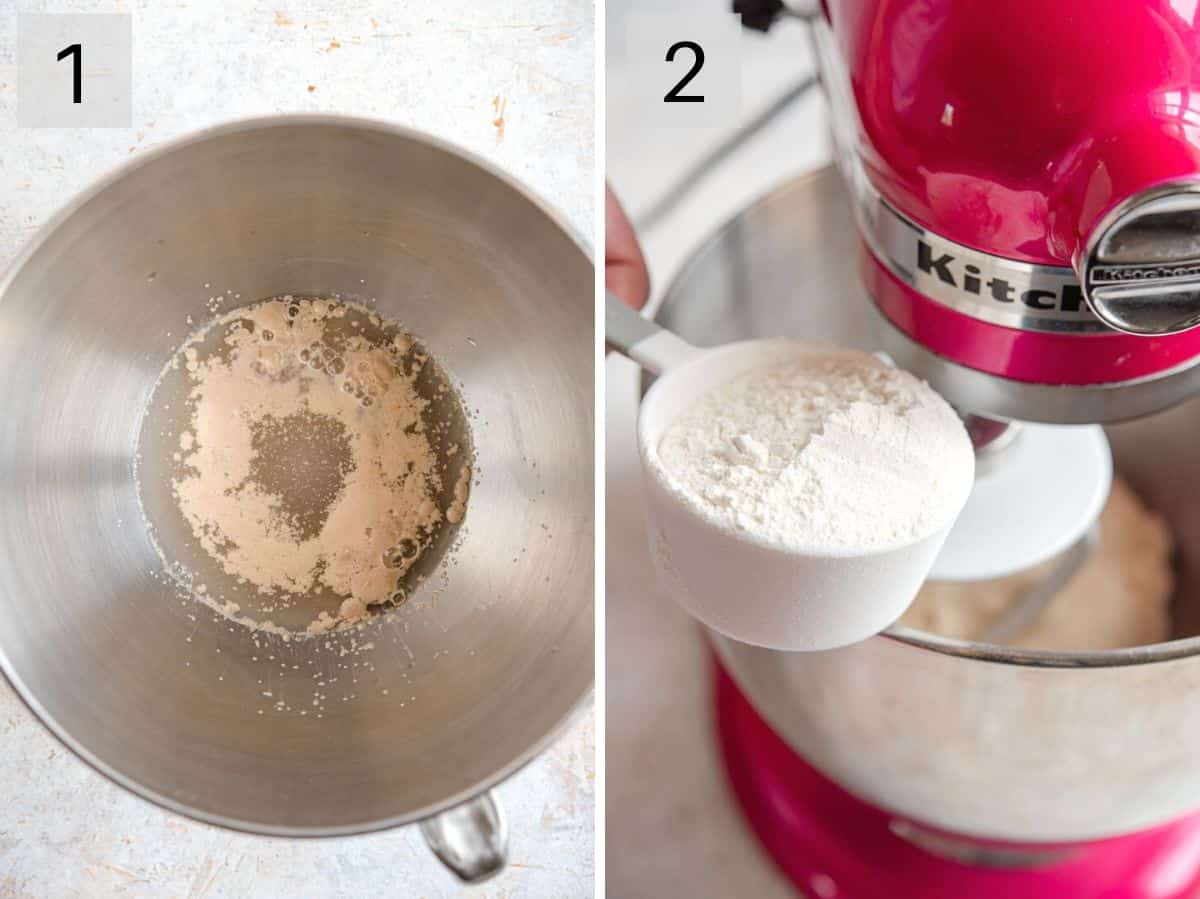 Two photos showing how to make pizza dough in a stand mixer