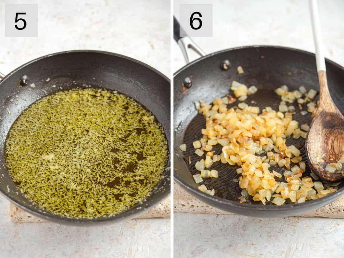 Two photos showing garlic oil in a skillet and caramelized onions
