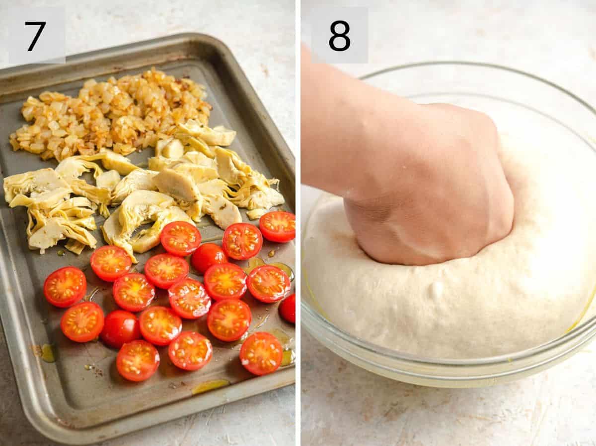 Two photos showing prepped pizza toppings on a tray and how to punch air our of pizza dough