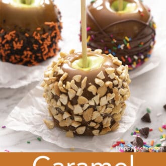Pinterest graphic of a group of caramel apples decorated in different ways.