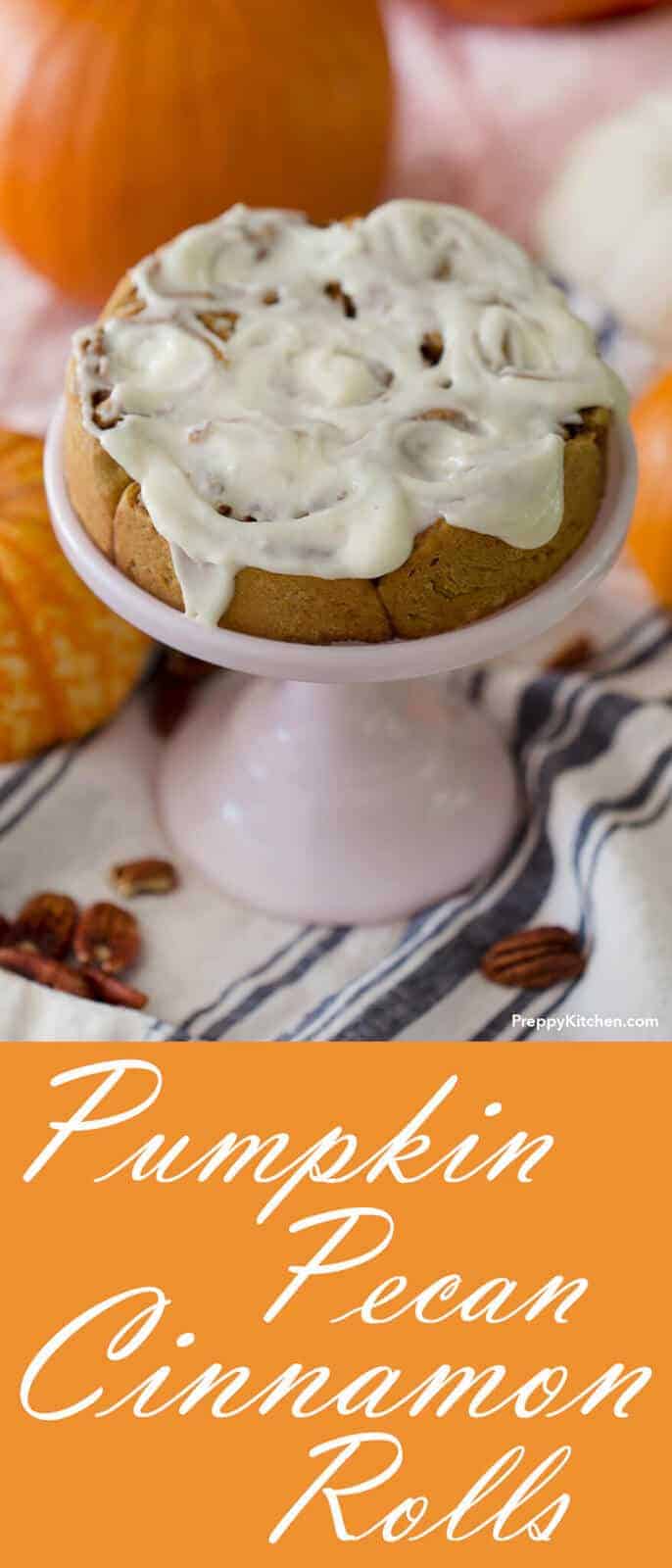 Oh so satisfying pumpkin cinnamon rolls filled with toasted pecans for crunch and topped with a decadent cream cheese frosting. These are perfect for breakfast on a crisp Fall morning!