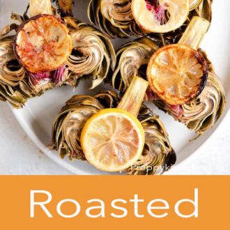 A pinterest graphic of roasted artichokes
