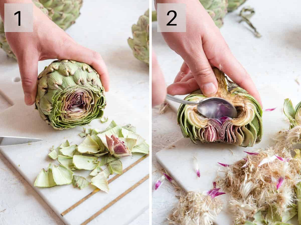 Two photos showing how to trim fresh artichokes