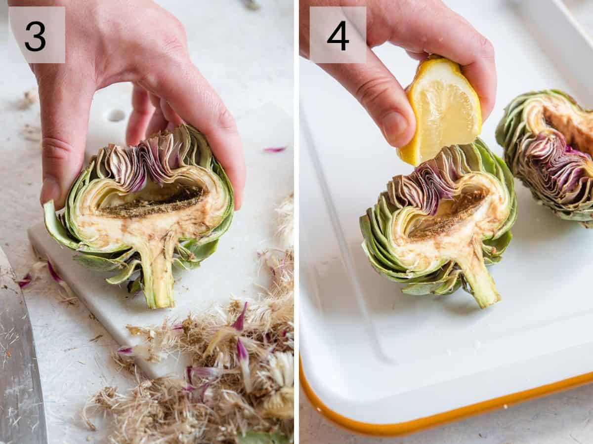 Two photos showing how to remove the choke and drizzle artichokes with lemon juice