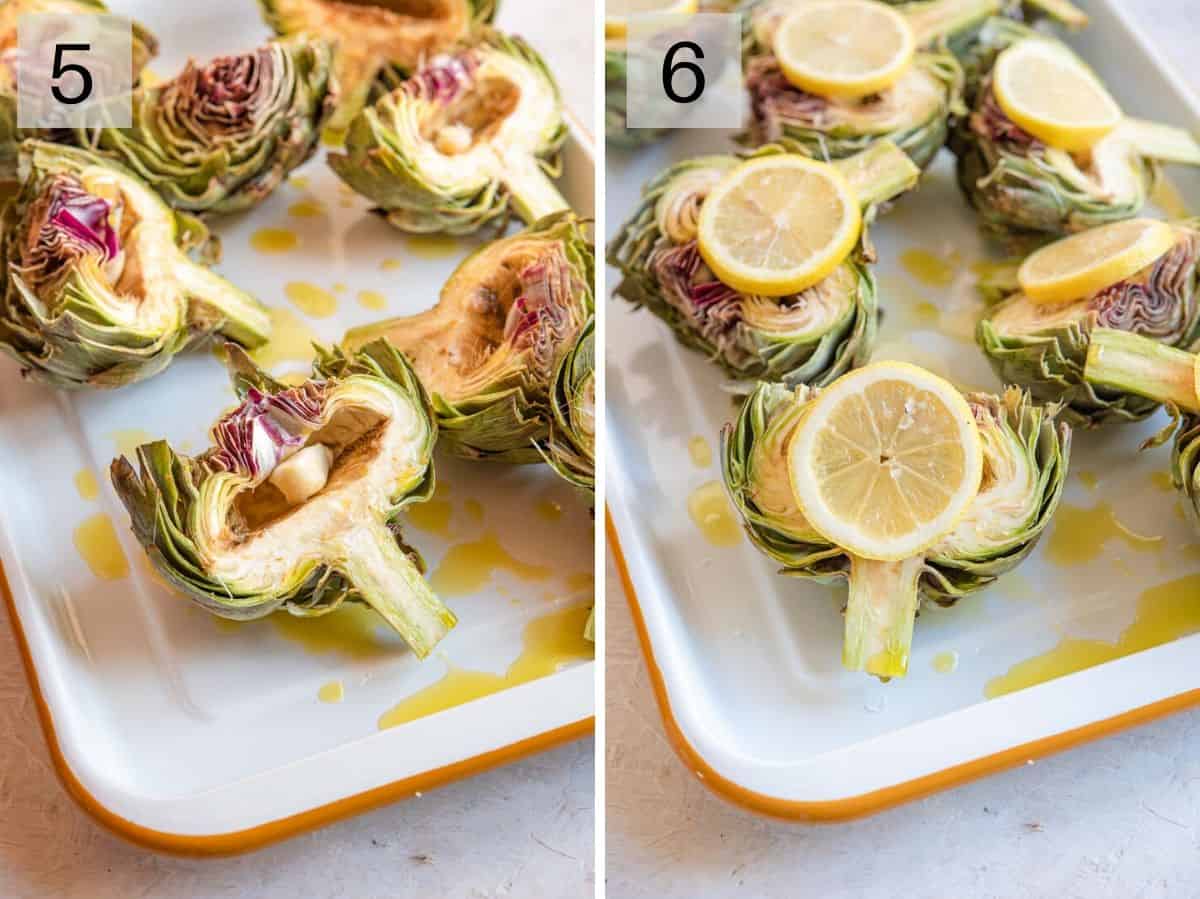 Two photos showing how to prepare artichokes for roasting