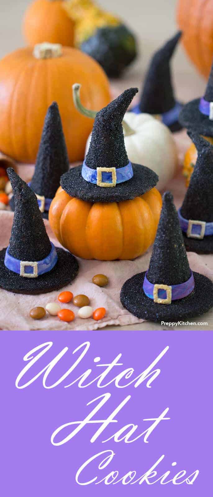 These witch hat cookies are the perfect treat for Halloween! The bases are delicious chocolate sugar cookies while an ice cream cone is used for the top. Inside they're filled with candy for an extra surprise!