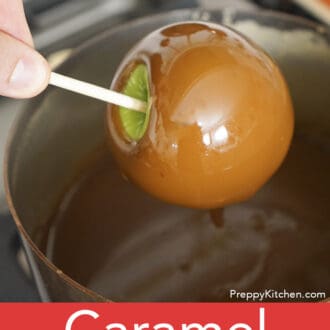 Pinterest graphic of a freshly dipped caramel apple.