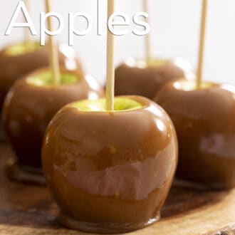 Pinterest graphic of some caramel apples on a serving plate.