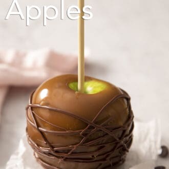 Pinterest graphic of a caramel apple drizzled with chocolate.