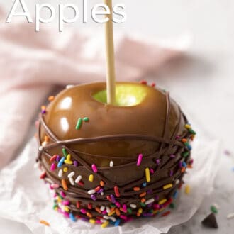 Pinterest graphic of a caramel apple with chocolate and sprinkles.