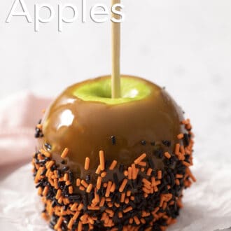 Pinterest graphic of a caramel apple with orange and black sprinkles.