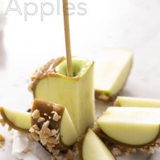 Pinterest graphic of a chopped caramel apple covered in peanuts.