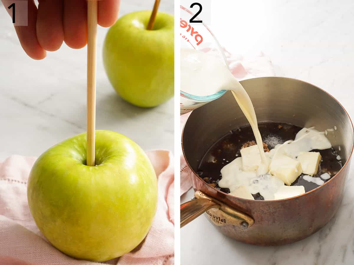 Set of two photos showing skewer inserted into an apple and ingredients added to a saucepot.