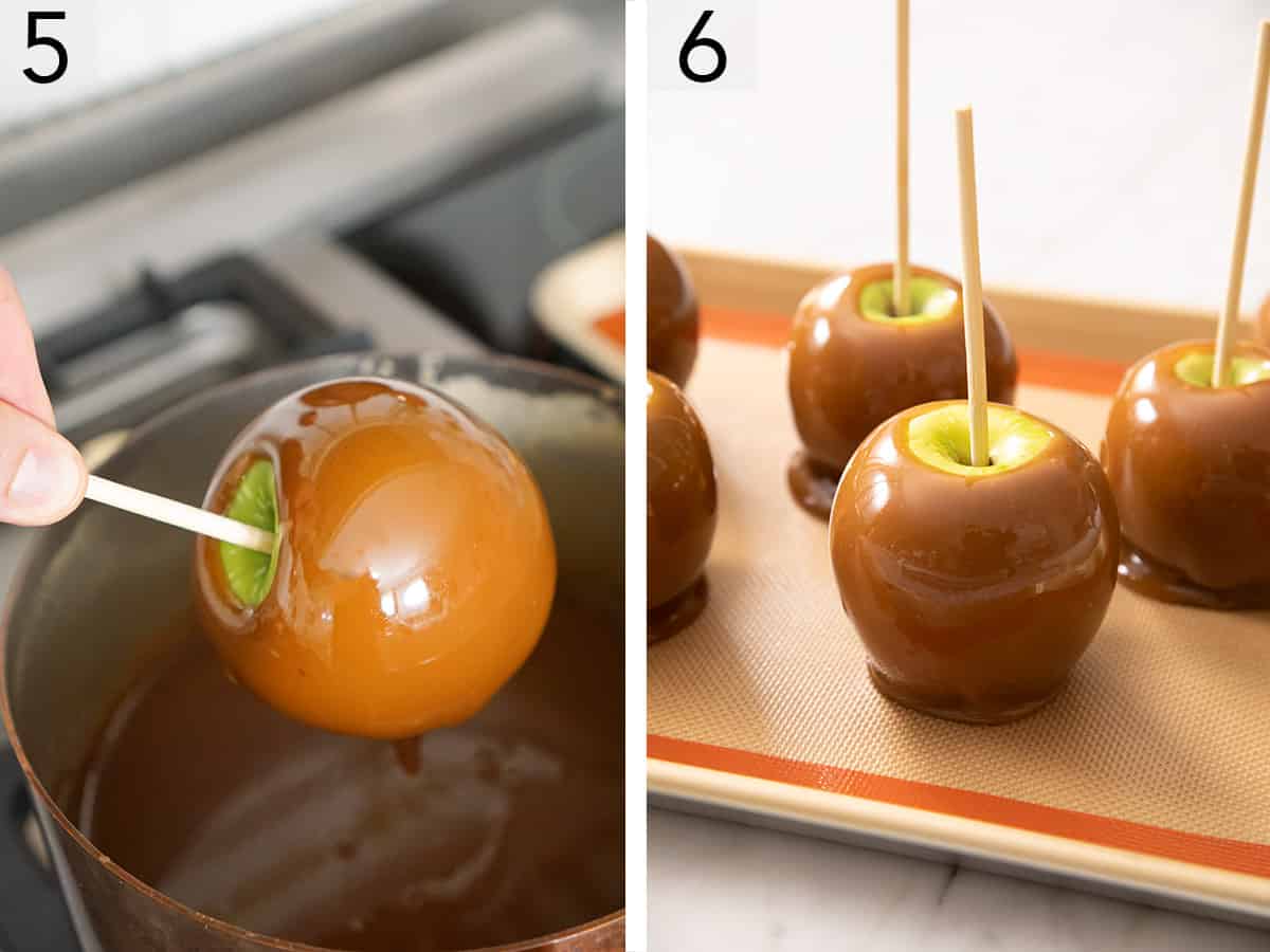 Apples getting dipped in caramel.