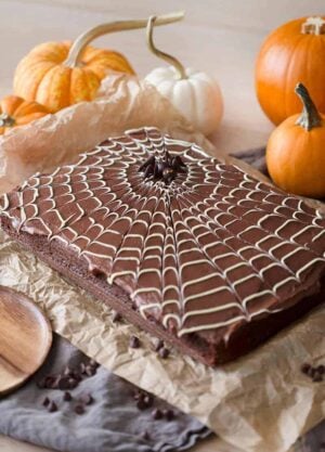 A photo of a chocolate spider web cake with a chocolate spider on top.